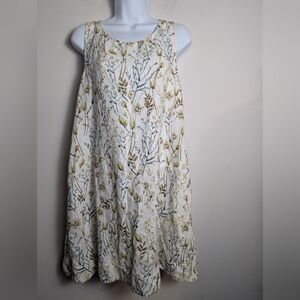 Cynthia Rowley Linen Dress w Pockets Granola Girl Natural Plants Green Sz M